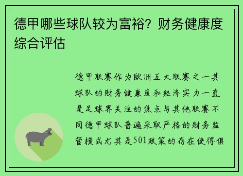 德甲哪些球队较为富裕？财务健康度综合评估