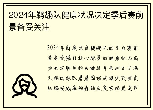 2024年鹈鹕队健康状况决定季后赛前景备受关注