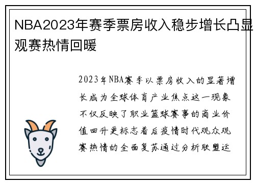 NBA2023年赛季票房收入稳步增长凸显观赛热情回暖